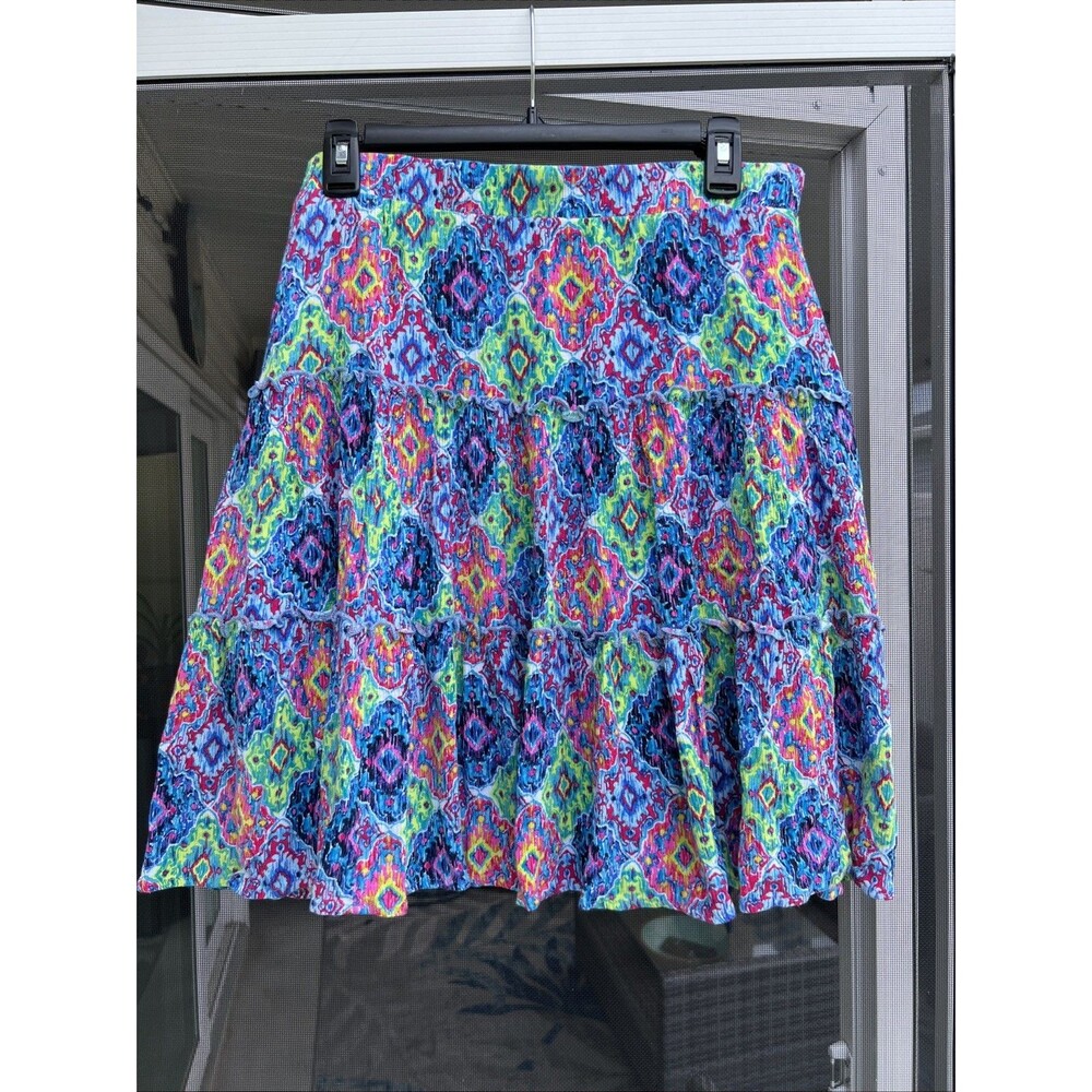 Hailey Lyn Multicolor Patterned Women's Skirt L Tiered Fun Flirty Lined Large